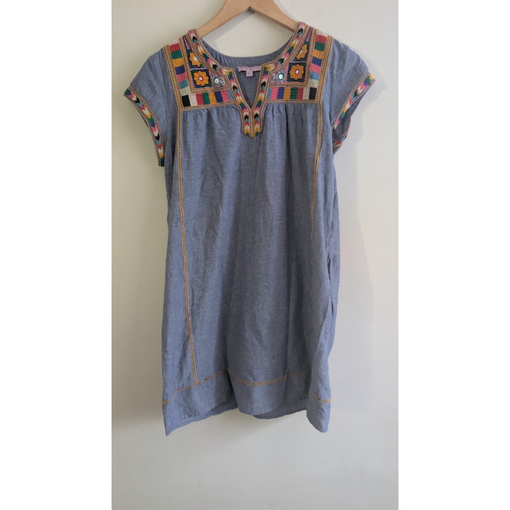 Calypso St. Barth Chambray Embroidered Boho Festival Shift Dress‎ XS